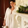 Fine ivory Kashmir wool nightgown with long sleeves